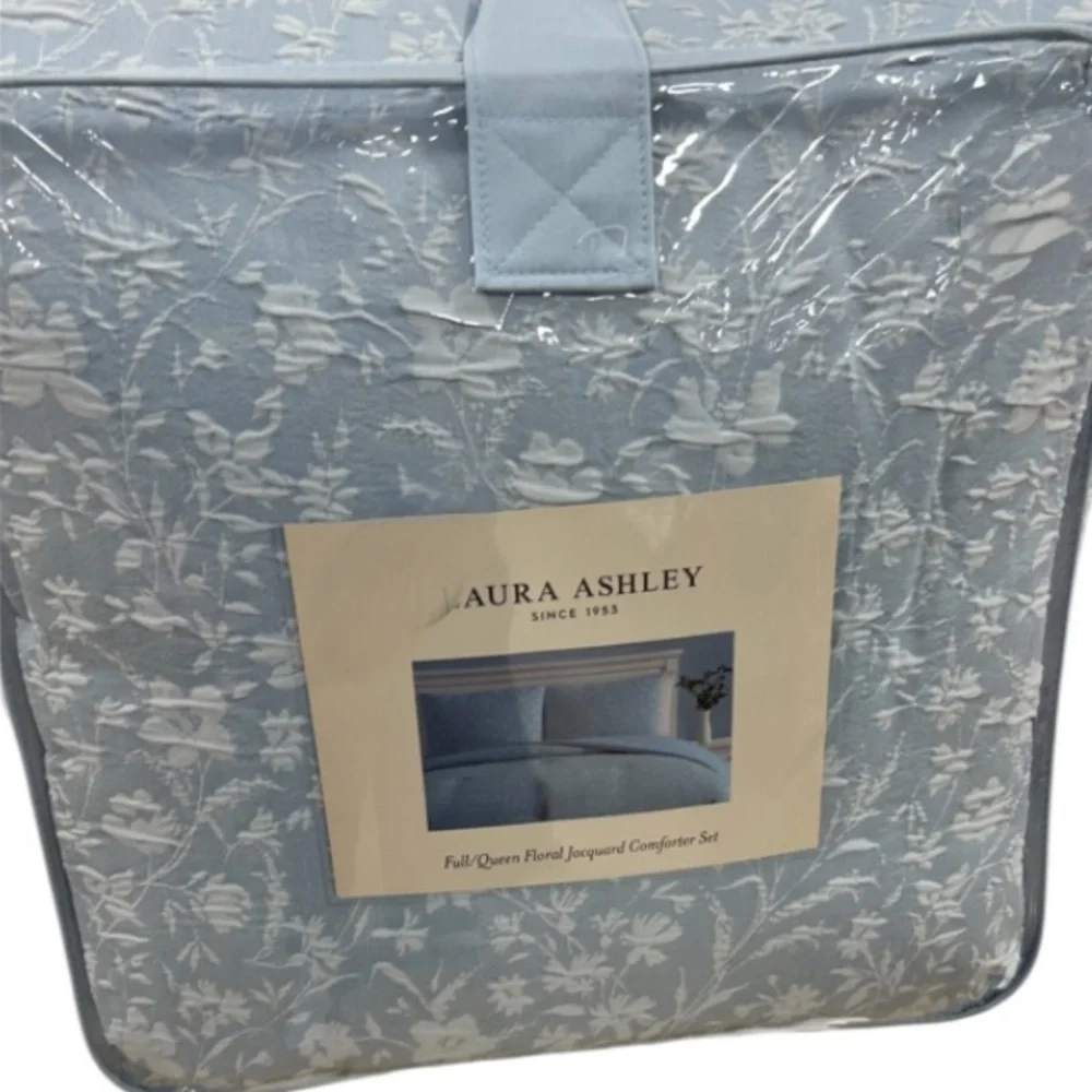 Laura Ashley Floral Jacquard Blue and White 3 Piece Full/Queen Comforter Set